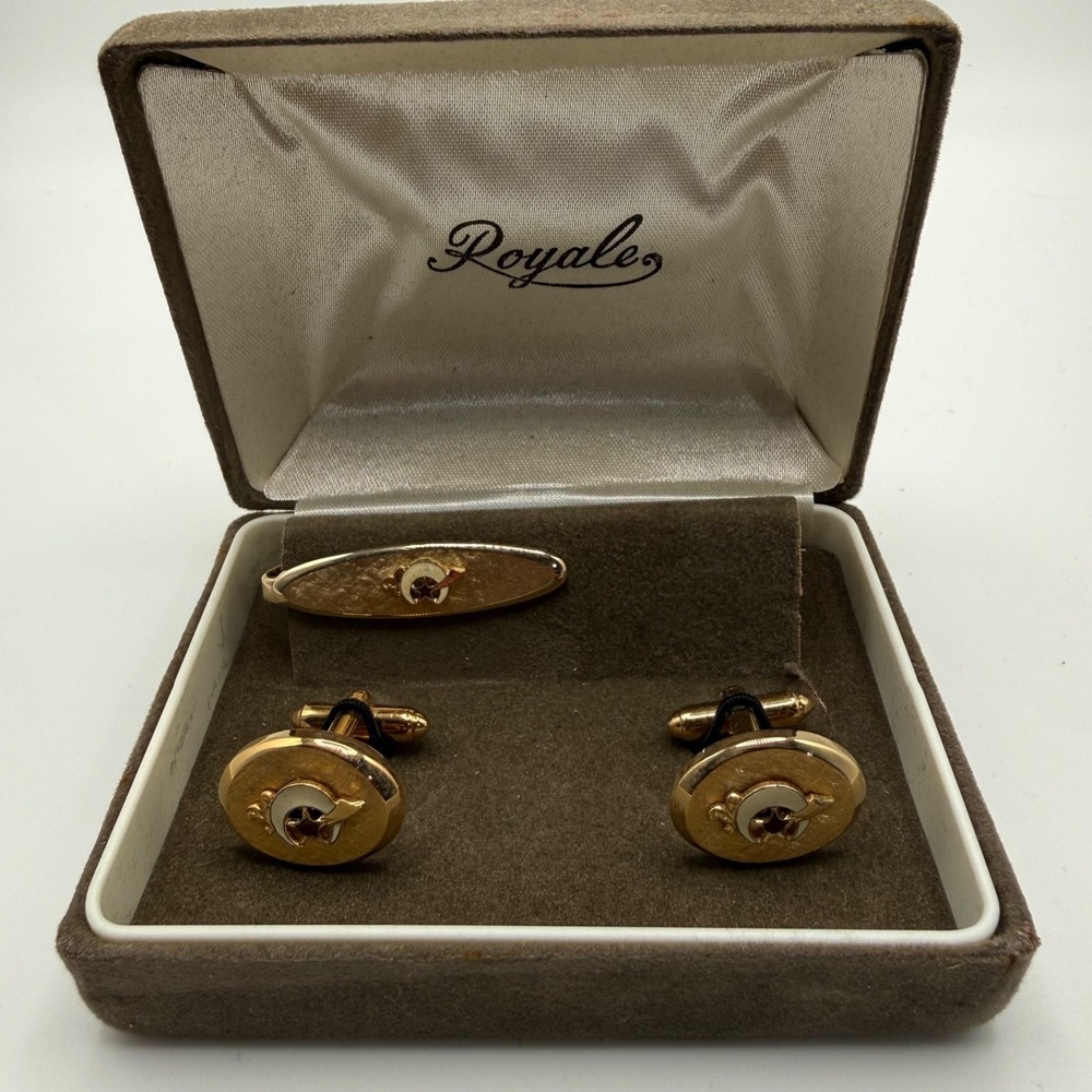Vintage Royale‎ Gold Tone Cufflinks Tie Bar Set Vintage Men's Formal Jewelry